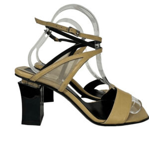 Vintage 90s VERSACE Womens 8 Heels Shoes Medallion Heels Tan Minimalist Y2K